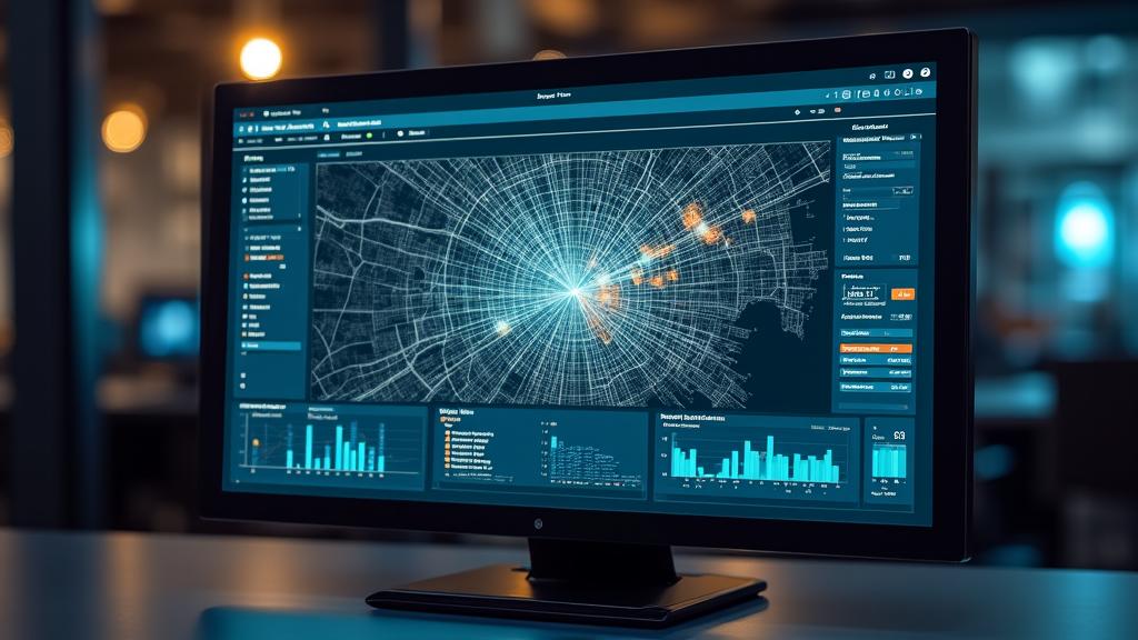 A clean, modern dashboard interface featuring multilayered map data and analytics cards